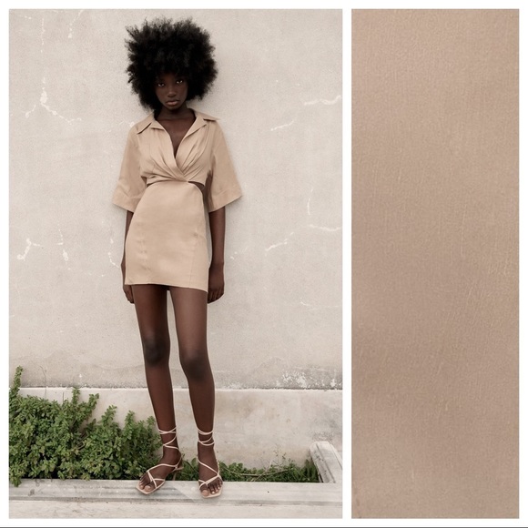 🌹NWT. Zara Sand Cut-out Mini Dress. Size M. - Picture 1 of 10